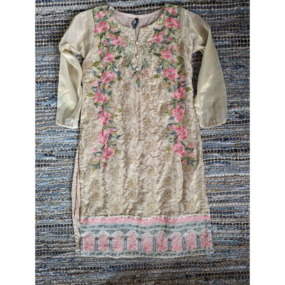 Hayat Embroidered Beige Pink Green Floral Kurti Dress S/M Ethereal Special Occas - Picture 2 of 14